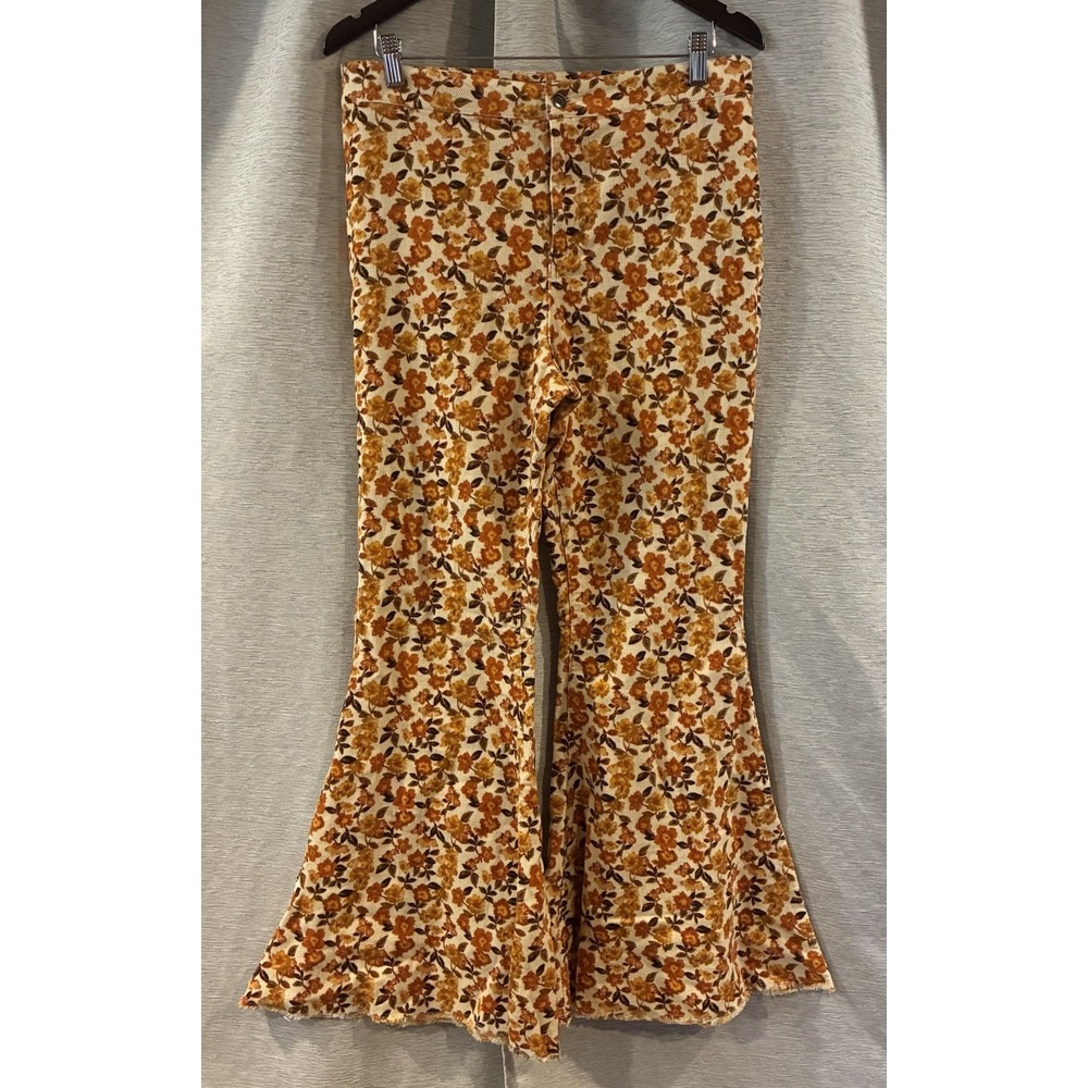 Versona Floral Corduroy Bell Bottom Flare Pants Womens 12 S Festival Boho